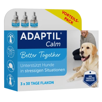 ADAPTIL Calm-Box 'Better Together' mit Labrador; sichtbare Texte: 'ADAPTIL Calm', 'VORTEILS-PACK', '3 x 30 TAGE FLAKON'.