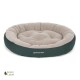 Rundes Haustierbett mit einem plüschigen beigen Zentrum und einem dunkelgrünen äußeren Rand, mit dem Logo "Doctor Bark" und einem "Green Label"-Symbol.