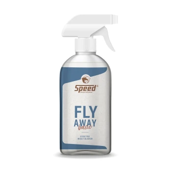 Eine Sprühflasche mit der Aufschrift 'Speed Fly Away Basic' in blau-weißer Gestaltung, die 'Effektiver Insektenblocker' angibt.