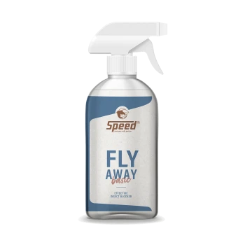 Eine Sprühflasche mit der Aufschrift 'Speed Fly Away Basic' in blau-weißer Gestaltung, die 'Effektiver Insektenblocker' angibt.
