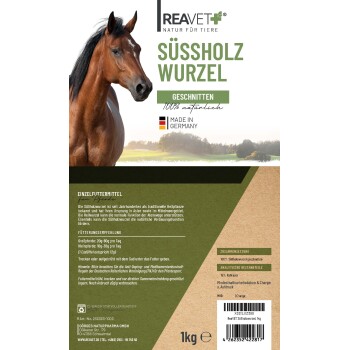 Bild eines Pferdes mit "ReaVET Süßholz Wurzel," einem 1kg natürlichen Pferdefutterzusatz. Der Text hebt "100% natürlich" und Fütterungstipps hervor.