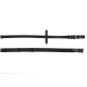 Schwarze verstellbare Haustierleine mit mehreren Clips, flach auf einem weißen Hintergrund ausgelegt.