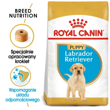 Torba karmy dla szczeniąt Royal Canin Labrador Retriever z charakterystycznym kształtem krokietów dla rasy i polskim tekstem o wsparciu odżywczym.