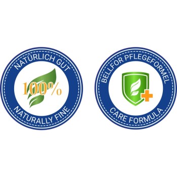 Zwei kreisförmige Logos: links hat ein grünes Blatt mit "100% NATÜRLICH GUT" und "NATURALLY FINE"; rechts zeigt ein Schild mit "BELLFOR PFLEGEFORMEL".