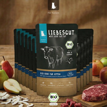 LIEBESGUT Bio‑Rind Katzenfutterbeutel (Bio‑Rind für Kitten) mit Kuhillustration, BIO‑Badge, Obst und rohem Rindfleisch