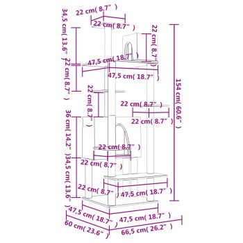 Illustration der Abmessungen eines Katzenbaums, mit mehreren Plattformen, einem Condo und Kratzpfosten, mit Maßen in Zentimetern und Zoll.