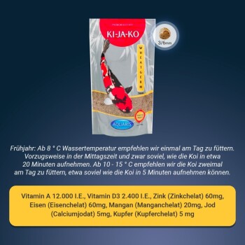KI-JA-KO Weizenkeim Koi-Futterverpackung mit farbenfroher Koi-Illustration, Fütterungshinweisen und Nährwertinformationen, einschließlich Vitaminen und Mineralien.