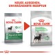Vergleich von Royal Canin Mini Digestive Care Hundefuttertüten: links zeigt einen kleinen Hund, rechts ein neues Design mit der Aufschrift "Verbessert die Stuhlqualität."
