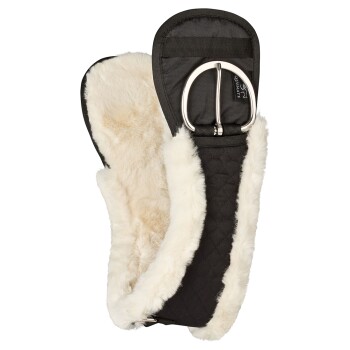 Schwarzer und cremefarbener, mit Kunstfell gefütterter Pferdegurt mit einer Edelstahl-Schnalle, mit einem gesteppten Design.