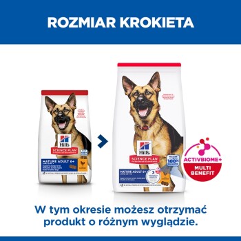 Dwa opakowania Hill's Science Plan (Mature Adult 6+) z owczarkiem niemieckim, strzałką, 'ROZMIAR KROKIETA', odznaka ActivBiome+.