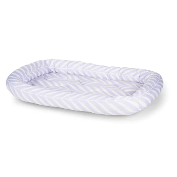 Lavender and white chevron-patterned rectangular pet bed with raised cushioned edges on white background.
