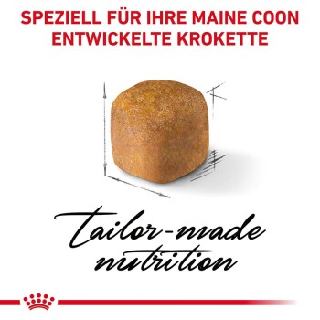 Kibble, das speziell für Maine Coon Katzen entwickelt wurde, mit dem Text "SPEZIELL FÜR IHRE MAINE COON ENTWICKELTE KROKETTE" und "maßgeschneiderte Ernährung."