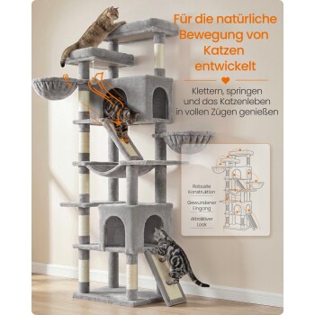 Grauer mehrstufiger Plüschkratzbaum mit Sisalstämmen, Rampen und drei Katzen; deutscher Slogan handelt von der "natürlichen Bewegung von Katzen".