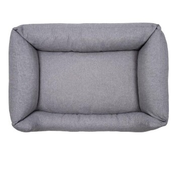 Graues rechteckiges Haustierbett mit plüschigen Seiten, von oben betrachtet, mit einer weichen Stofftextur und einem geräumigen Zentrum.