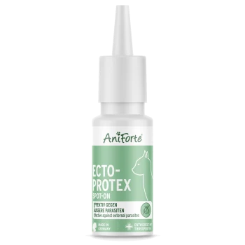 Flasche AniForte Ecto-Protex Spot-On für Haustiere, beschriftet mit "Wirksam gegen äußere Parasiten", mit einem grünen und weißen Design.