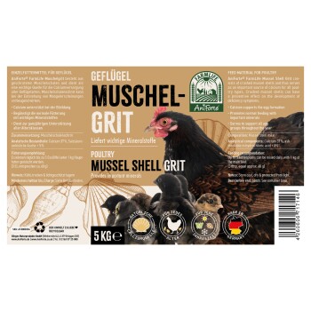 Etikett für Aniforte FarmLife Muschelschalen-Grit für Geflügel, mit einem schwarzen Huhn und Küken, mit Nährwertangaben und Anwendungshinweisen.