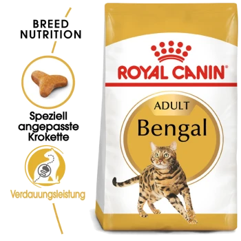 Royal Canin Adult Bengal Katzenfutterbeutel mit einer Illustration einer laufenden Bengal-Katze, mit Text, der die Ernährungsbedürfnisse der Rasse und die Unterstützung der Verdauung hervorhebt.