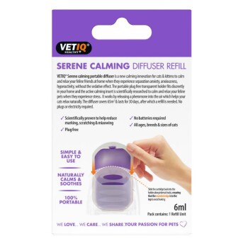 VETIQ Serene Calming Diffuser Refill for cats, 6ml, reduces anxiety, no batteries or plugs, 30-day use, portable, scientifically proven.