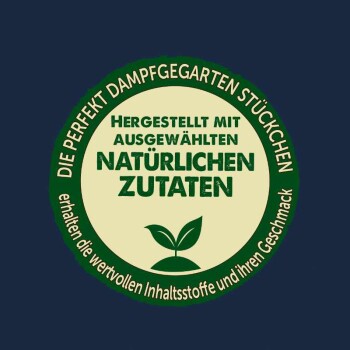 Grünes rundes Etikett mit deutschem Text "Hergestellt mit ausgewählten natürlichen Zutaten" und einem Pflanzenicon, das natürliche Zutaten hervorhebt.