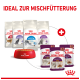 Verschiedene Royal Canin Katzenfutterprodukte, einschließlich "Fit", "Sterilised" und "Indoor" Tüten, plus "Sensory" Beutel und eine mit Trockenfutter gefüllte Schüssel.