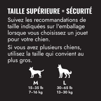 Panneau pour animaux 'TAILLE SUPÉRIEURE = SÉCURITÉ' avec guide des tailles : M 15–35 lb (7–16 kg), L 30–65 lb (13–30 kg)
