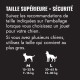 Panneau pour animaux 'TAILLE SUPÉRIEURE = SÉCURITÉ' avec guide des tailles : M 15–35 lb (7–16 kg), L 30–65 lb (13–30 kg)