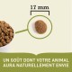 Croquettes pour animaux dans un bol, avec un gros plan montrant un seul morceau mesurant 17 mm, et le texte : "UN GOÛT DONT VOTRE ANIMAL AURA NATURELLEMENT ENVIE."