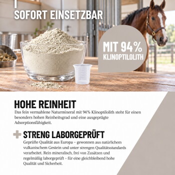 Mineralpulver in Glasschüssel mit Messbecher, Pferd im Hintergrund, deutsche Beschriftung „MIT 94% KLINOPTILOLITH“.