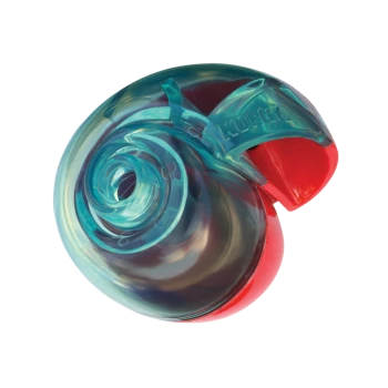 Jouet KONG translucide en spirale bleu-vert et rouge avec 'KONG' embossé sur le dessus.
