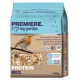 Vogelnahrungsverpackung mit einem Rotkehlchen, das auf einem Ast sitzt, beschriftet mit 'PREMIERE. I ❤️ meinen Garten PROTEINMISCHUNG.' mit einem Gewicht von 1,5 kg.