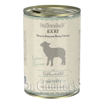 Dose Dr. Clauder's B.A.R.F. Hundefutter mit Lamm und Süßkartoffel, mit einer Silhouette eines Schafes und Produktdetails.