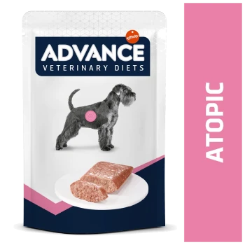 Emballage de nourriture pour chiens Atopic de Advance Veterinary Diets présentant une silhouette de chien grise, une cible rose sur le côté et une portion de nourriture sur une assiette.