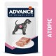 Emballage de nourriture pour chiens Atopic de Advance Veterinary Diets présentant une silhouette de chien grise, une cible rose sur le côté et une portion de nourriture sur une assiette.