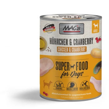 Dosen-Hundefutter "MAC's Chicken & Cranberry", das Huhn und Cranberries enthält, als getreidefrei und 93% Huhn gekennzeichnet.