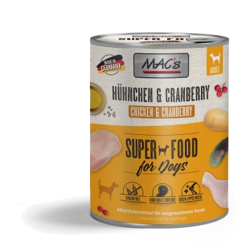 Blik hondenvoer 'MAC's Chicken & Cranberry,' met kip en cranberries, gelabeld graanvrij en 93% kip.