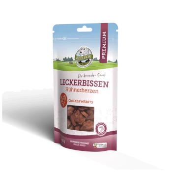 Verpackung für Premium gefriergetrocknete Hühnerherzen für Haustiere, beschriftet mit "Leckerbissen Hühnerherzen" und einem Gewicht von 150 g.