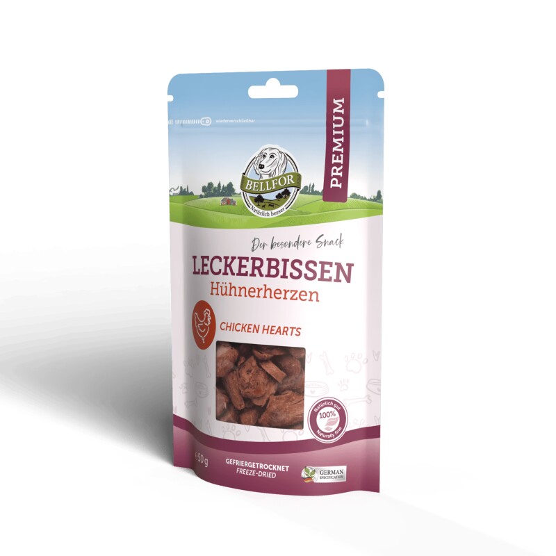 Bellfor Gesunder Freeze-Snack für Hunde - Hühnerherzen (gefriergetrocknet)
