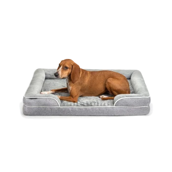 Ein brauner Hund liegt bequem auf einem plüschigen, grauen Haustierbett mit weichem Innenraum und gepolsterten Kanten.