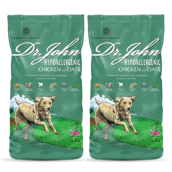 Dr. John hypoallergenes Hundefutter mit Huhn und Hafer, 12,5 kg Sack, zeigt Hundillustration und Nährwertangaben.