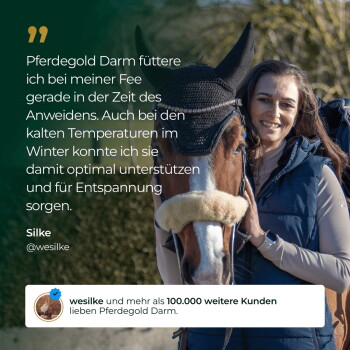 Frau lächelt mit Pferd, deutsche Kundenbewertung für Pferdegold Darm, Bildnachweis Silke @wesilke; Banner 100.000 Kunden.