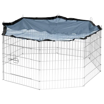 Un parc de jeux pour animaux de compagnie en métal avec une couverture en toile bleue, conçu pour une utilisation en extérieur, avec une forme octogonale et un verrou sécurisé.