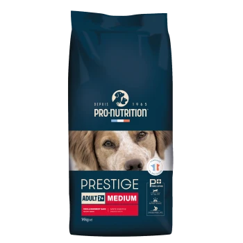 Pro-Nutrition Prestige Hundefuttertüte, Adult 7+ Medium, 14 kg, dunkelblaue Verpackung mit Nahaufnahme eines Hundegesichts und Logo 'Depuis 1965'