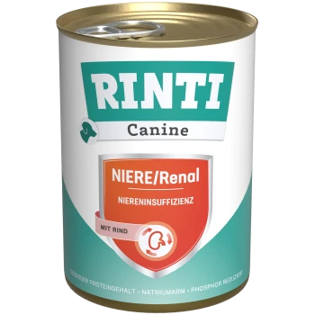 RINTI Hundefutter in Dosen, gekennzeichnet für Nierenunterstützung mit Rindfleisch, mit einem roten Schild, das "Niere/Renal" und "Niereninsuffizienz" angibt.