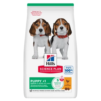 Hill's Science Plan puppy food bag with two beagle puppies, Hill's logo, "PUPPY <1", "5 Essential Benefits", "with chicken"