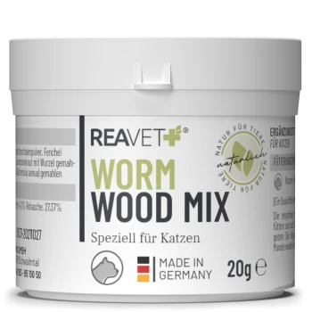 Behälter mit REAVET+ Wurmholz-Mix für Katzen, 20g, mit grünem Text und deutschen Etiketten, mit Zutaten und Anwendungshinweisen.