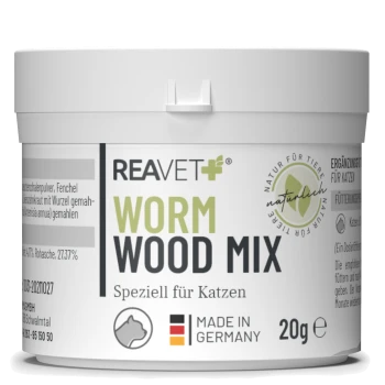 Behälter mit REAVET+ Wurmholz-Mix für Katzen, 20g, mit grünem Text und deutschen Etiketten, mit Zutaten und Anwendungshinweisen.