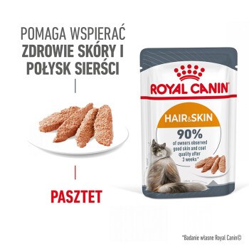 Torebka karmy dla kotów Royal Canin Hair & Skin z talerzem pasztetu, z tekstem o zdrowiu skóry i sierści oraz 90% wskaźnikiem satysfakcji.