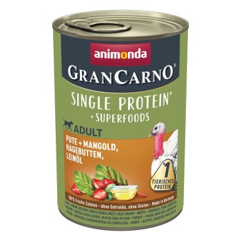 Animonda GranCarno Single Protein Superfoods Pute & Mangold, Hagebutten, Leinöl 24×400 g
