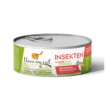 Eine Dose "I love my cat" getreidefreies Nassfutter mit der Aufschrift "INSEKTEN," mit einer Cartoon-Katze und Insektengrafik.