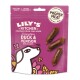 Lily's Kitchen dog food packaging featuring "Scrumptious Duck & Venison Sausages," with three sausages visible, on a purple background.